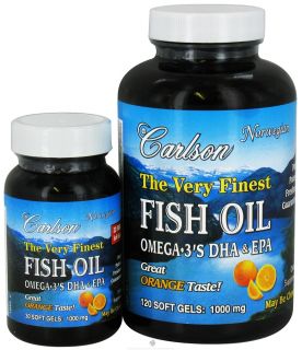 Carlson Labs   The Very Finest Norwegian Fish Oil Omega 3s DHA & EPA Great Orange Flavor 1000 mg.   Bonus Pack 120 + 30 Softgels