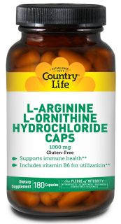Country Life   L Arginine L Ornithine Caps Amino Acid Complex with Vitamin B 6 1000 mg.   180 Capsules