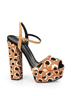 Gucci Leopard Print Calf Hair Platform Sandals   Tobacco