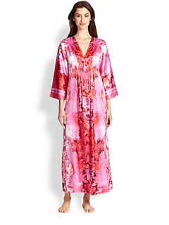 Oscar de la Renta Sleepwear Peony Printed Satin Caftan    Pink Floral