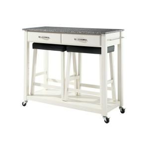 Crosley 42 in. Solid Granite Top Kitchen Island Cart with Two 24 in. Upholstered Saddle Stools in White KF300534WH