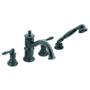 MOEN Waterhill 2 Handle Deck Plate Roman Tub Faucet Trim with Hand Shower in Wrought Iron (Valve Not Included) TS213WR