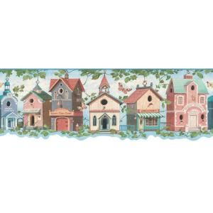The Wallpaper Company 8 in. x 10 in. Blue Pastel Birdhouse Village Border Sample WC1282574S