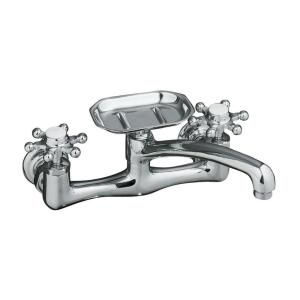 KOHLER Antique 8 in. Wall Mount 2 Handle Low Arc Kitchen Faucet in Polished Chrome with 12 in. Spout and Six Prong Handles K 159 3 CP