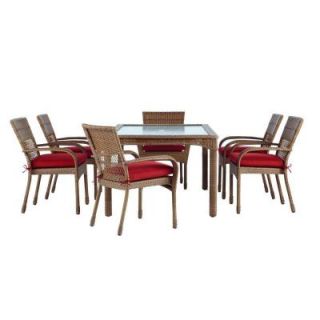 Martha Stewart Living Charlottetown Natural All Weather Wicker 7 Piece Patio Dining Set with Quarry Red Cushions 65 55677
