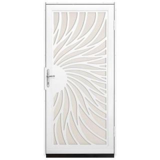 Unique Home Designs Solstice 36 in. x 80 in. White Outswing Security Door with Almond Perforated Screen and Polished Brass Hardware IDR31000362157