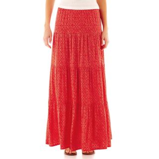 St. Johns Bay Pleated Long Knit Skirt, Bold Coral Prt