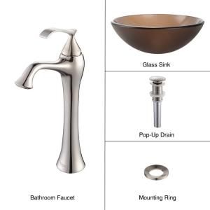 KRAUS Vessel Sink in Frosted Glass Brown with Ventus Faucet in Brushed Nickel C GV 103FR 12mm 15000BN