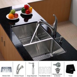 KRAUS All in One Undermount 32 3/4x19x10 0 Hole Double Bowl Kitchen Sink with Stainless Steel Kitchen Faucet KHU103 33 KPF2110 SD20