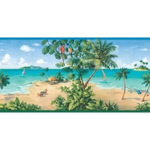 The Wallpaper Company 10.25 in. x 15 ft. Primary Colored Tropical Beach Scene Border WC1285294