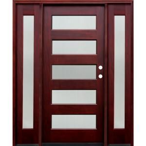Pacific Entries Contemporary 36 in. x 80 in. 5 Lite Reed Stained Mahogany Wood Entry Door with 14 in. Sidelites M55RDML413