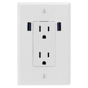 U Socket 15 Amp Decor Duplex Wall Outlet with 2 Built in USB Charging Ports   White ace 8166