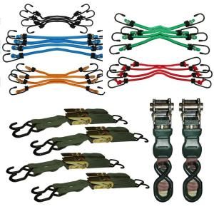 Sportsman 4 Piece Ratcheting Tie Downs 1 Assorted Pack of Bungee Straps and a 2 Piece Set of Camo Ratcheting Tie Downs CK3PCKT