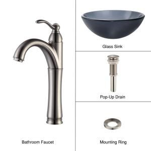 KRAUS Glass Bathroom Sink in Frosted Black with Single Hole 1 Handle Low Arc Riviera Faucet in Satin Nickel C GV 104FR 14 12mm 1005SN