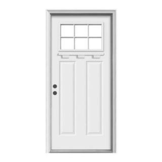 JELD WEN Premium 6 Lite Craftsman Primed White Steel Entry Door with Brickmold and Shelf N11437