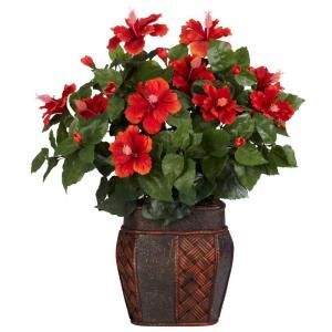 Nearly Natural 24.0 in. H Red Hibiscus with Vase Silk Plant 6667
