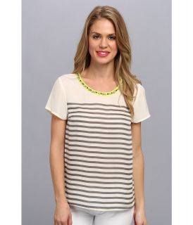 Central Park West Fiji Stripe Woven Top Womens Short Sleeve Pullover (Taupe)