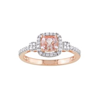 10K Rose Gold Cushion Cut Pink Morganite Diamond Ring, Womens