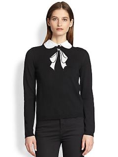 Alice + Olivia Peter Pan Collared Wool Embroidered Bow Sweater   Black White