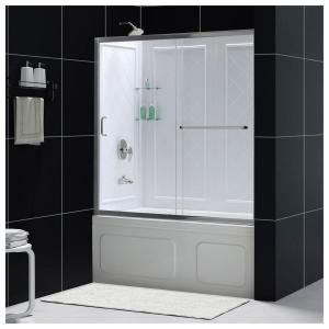 DreamLine Infinity Z 56 in.   60 in. x 60 in. Sliding Bypass Tub/Shower Door in Chrome and Back Wall with Glass Shelves DL 6992 01CL
