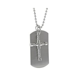Mens Stainless Steel Cable Cross & Dog Tag Pendant, White