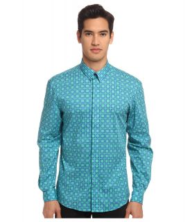 Versace Collection Cotton Stretch Square Print Mens Long Sleeve Button Up (Blue)