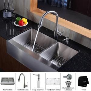 KRAUS All in One Farmhouse Apron 36x20 3/4x10 0 Hole Double Bowl Kitchen Sink with Stainless Steel Kitchen Faucet KHF203 36 KPF2130 SD20