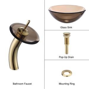 KRAUS Glass Bathroom Sink in Clear Brown with Single Hole 1 Handle Low Arc Waterfall Faucet in Gold C GV 103 14 12mm 10G