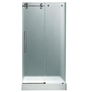 Vigo 48 in. x 80 in. Frameless Bypass Shower Door in Stainless Steel with Frosted Glass and Left White Base with Center Drain VG6041STMT48LWS