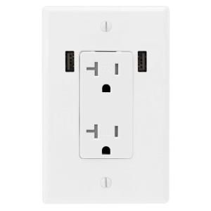 U Socket 20 Amp Decor Tamper Resistant Duplex Wall Outlet with 2 Built In 3.3 Amp USB Charging Ports   White ace 8411