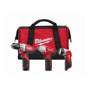 Milwaukee M12 12 Volt Lithium Ion Cordless Drill Driver/Impact Wrench/Light Combo Kit (3 Tool) 2493 23