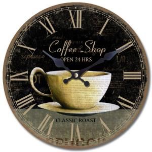Yosemite Home Decor 13.5 in. Circular Wooden Wall Clock with Coffee Cup Print CLKA7086