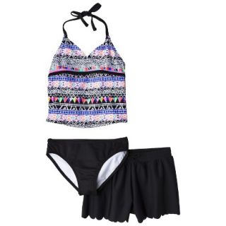 Girls 3 Piece Halter Tankini and Short Swimsuit Set   Black/Purple XS