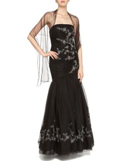 Strapless Floral Beaded Mermaid Gown, Black