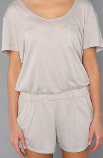 NTICE The Brushed French Terry Topstitched Patch Pocket VNeck Romper W Metal Eyelet Back in Dove Gray