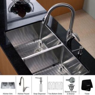 KRAUS All in One Undermount 32 3/4x19x10 0 Hole Double Bowl Kitchen Sink with Stainless Steel Kitchen Faucet KHU102 33 KPF2120 SD20