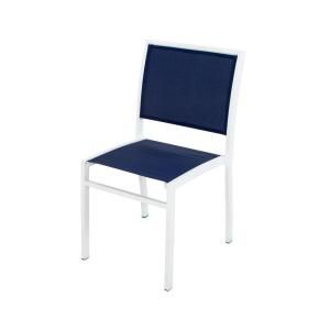POLYWOOD Bayline Patio Dining Side Chair in Satin White/Navy Blue Sling A190 13902