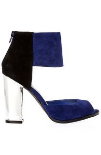 Sole La Vie The Priceless Peep Toe Wide Heel Pump in Blue and Silver