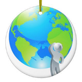 Looking up globe silver person concept christmas tree ornament