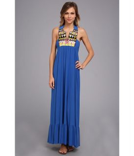 Tbags Los Angeles Boho Ruffled Hem Long Dress w/ Multi Colored EMB Neck Trim Womens Dress (Blue)