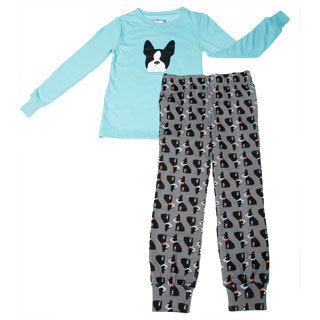 Girls Boston Terrier Printed Long Sleeve Pajama Set
