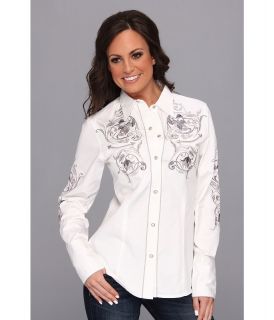 Roper 100 Cotton Twill Silver Tooling EMB Womens Long Sleeve Button Up (White)