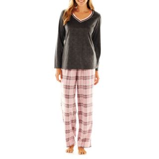 LIZ CLAIBORNE Microfleece Pajama Set, Grey/Pink, Womens
