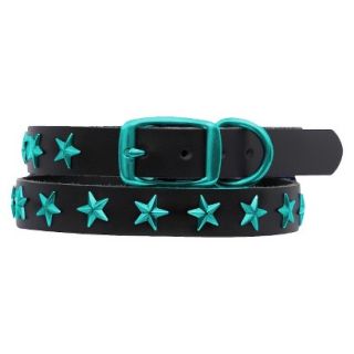 Platinum Pets Black Genuine Leather Dog Collar with Stars   Teal (17 20)