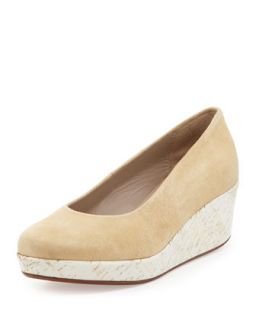Womens Sari Painted Cork Suede Wedge, Camel/White   Jacques Levine