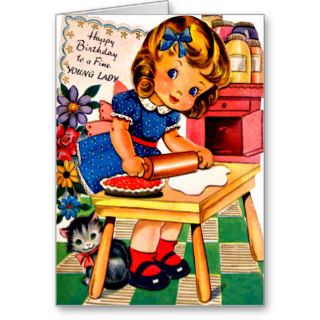 Little Girl Baking Pie   Retro Happy Birthday Card