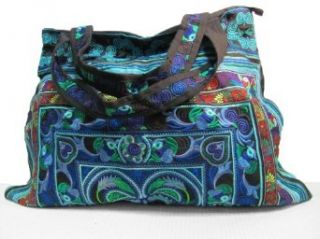 Embroidered Boho Thai Hill Tribe Hmong Handmade Floral Large Tote Purse Bag (Blue) Clothing