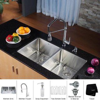 Kraus KHU102 33 KPF1612 KSD30CH 32 3/4" Undermount 50/50 Double Bowl 16 Gauge Stainless Steel Kitchen Sink with, Stainless Steel / Chrome   Touch On Kitchen Sink Faucets  