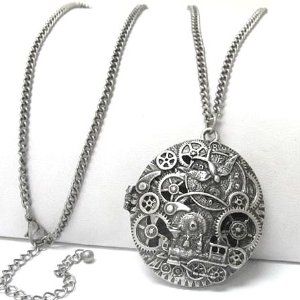 Steampunk Gears and Train Scent Aroma Locket Pendant with 30" Adjustable Necklace Jewelry