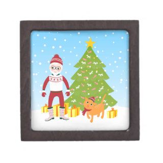 Santa Claus with orange cat near tree Premium Trinket Box
